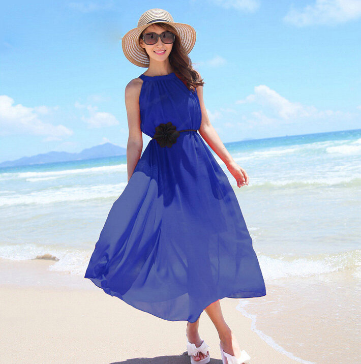 Sweet Dresses Summer Girls Solid Bohemian Coast Chiffon Long - Blue