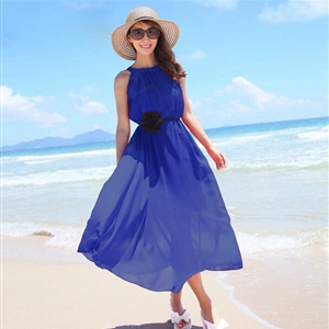 Sweet Dresses Summer Girls Solid Bohemian Coast Chiffon Long - Blue