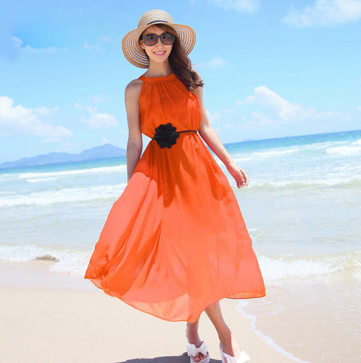 Sweet Dresses Summer Girls Solid Bohemian Coast Chiffon Long - Orange