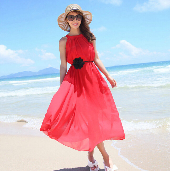 Sweet Dresses Summer Girls Solid Bohemian Coast Chiffon Long - Red