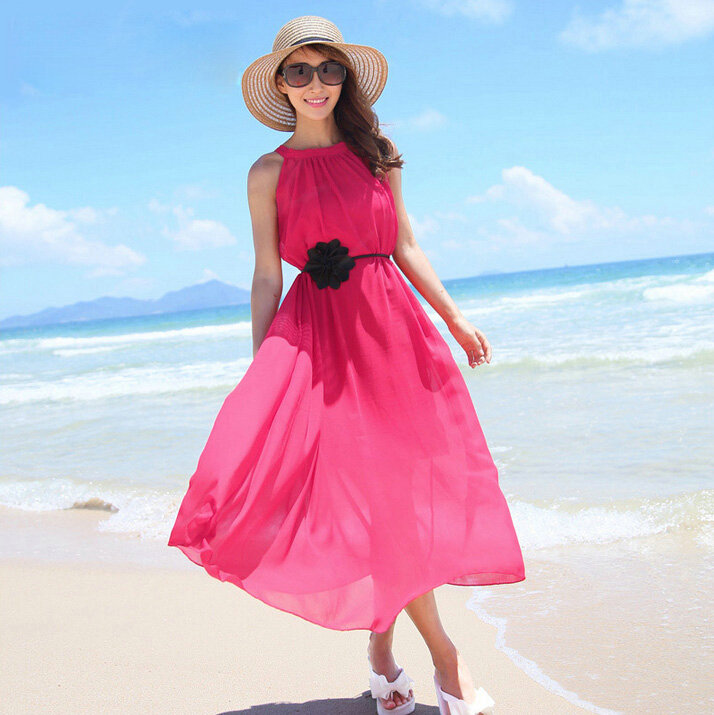Sweet Dresses Summer Girls Solid Bohemian Coast Chiffon Long - Rose