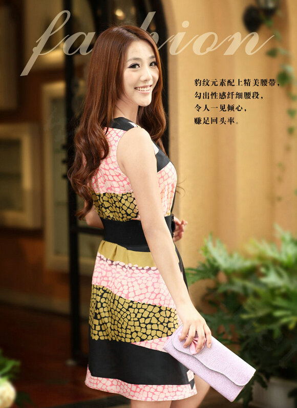 Sweet Dresses Summer Women Leopard Print Bowknot Chiffon Tunic - Black Pink