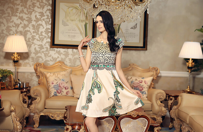Temperament Dresses Summer Women Leopard Print Silk Plus Size - Beige
