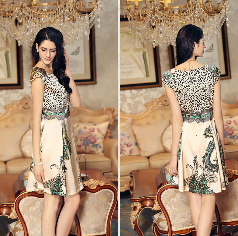 Temperament Dresses Summer Women Leopard Print Silk Plus Size - Beige