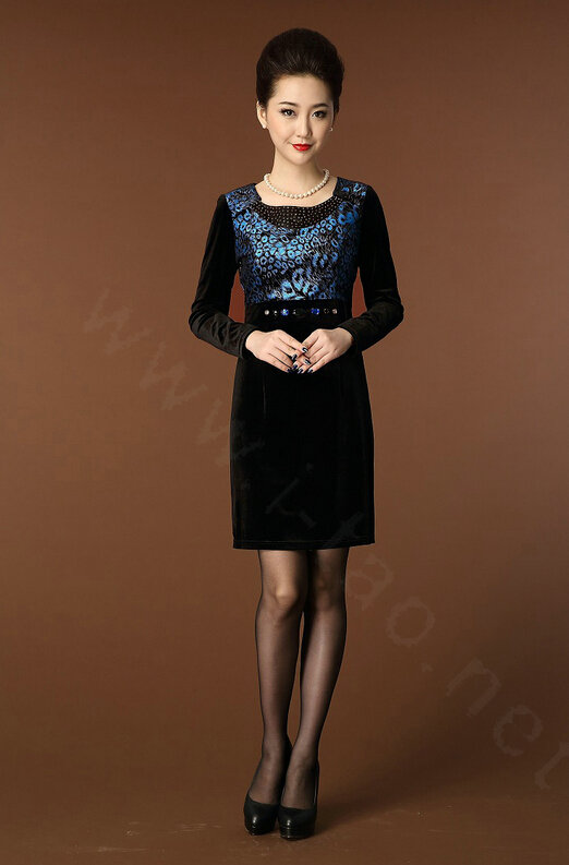 Temperament Dresses Winter Women Sparkly Leopard Print Plus Size Diamond - Blue