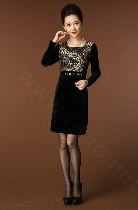 Temperament Dresses Winter Women Sparkly Leopard Print Plus Size Diamond - Gold