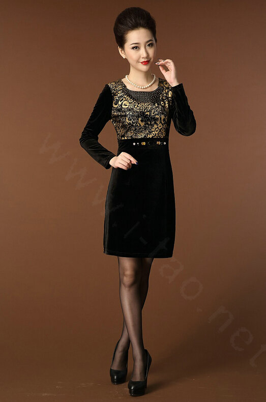 Temperament Dresses Winter Women Sparkly Leopard Print Plus Size Diamond - Gold