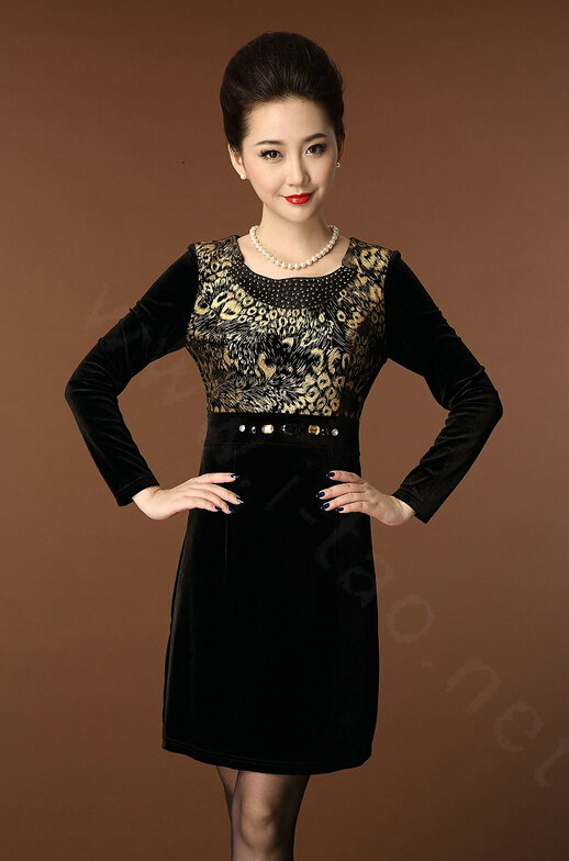 Temperament Dresses Winter Women Sparkly Leopard Print Plus Size Diamond - Gold