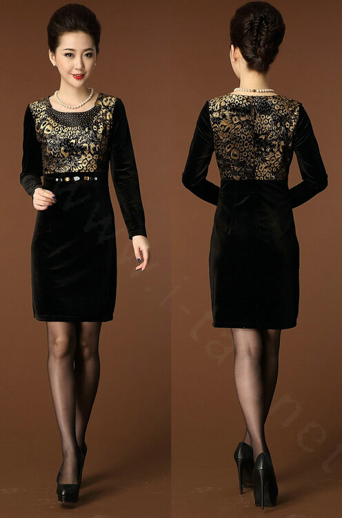 Temperament Dresses Winter Women Sparkly Leopard Print Plus Size Diamond - Gold