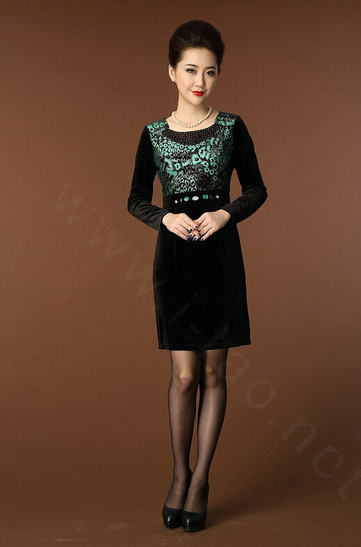 Temperament Dresses Winter Women Sparkly Leopard Print Plus Size Diamond - Green