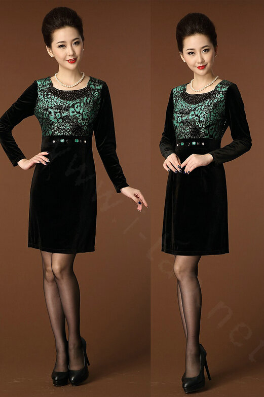 Temperament Dresses Winter Women Sparkly Leopard Print Plus Size Diamond - Green