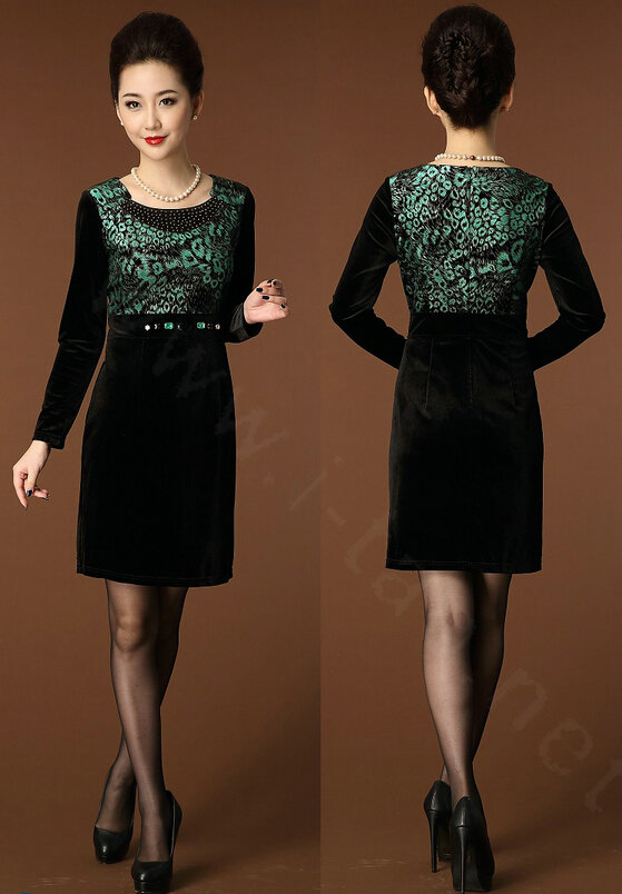 Temperament Dresses Winter Women Sparkly Leopard Print Plus Size Diamond - Green
