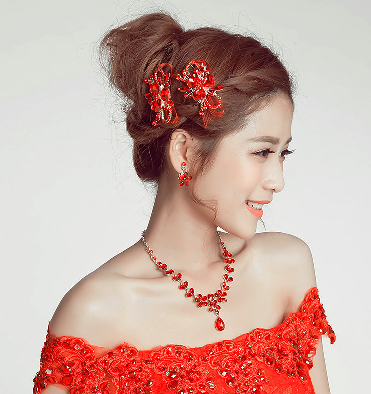 1Pair Crystal Alloy Flower Bride Hair Combs Women Wedding Hair Accessories - Red