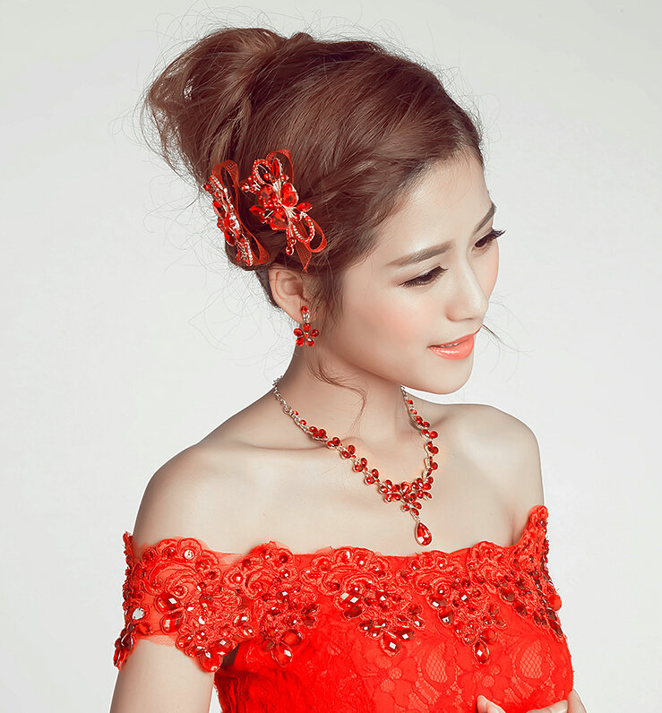 1Pair Crystal Alloy Flower Bride Hair Combs Women Wedding Hair Accessories - Red