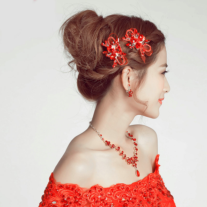 1Pair Crystal Alloy Flower Bride Hair Combs Women Wedding Hair Accessories - Red