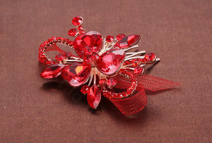 1Pair Crystal Alloy Flower Bride Hair Combs Women Wedding Hair Accessories - Red
