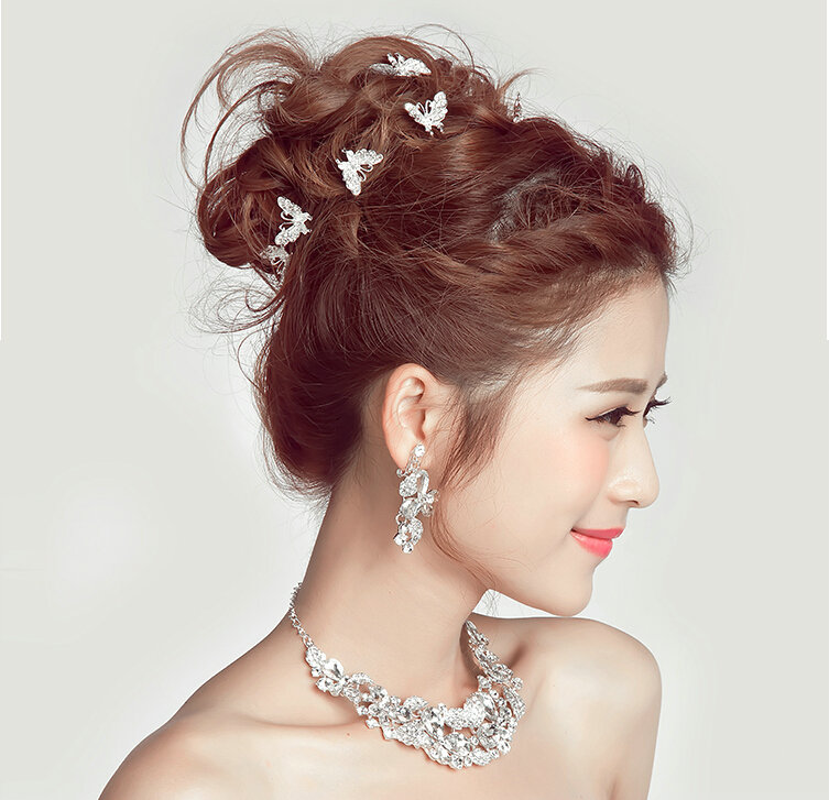 2 pcs Crystal Alloy Butterfly Bride U-shaped Hairpins Women Wedding Hair Clip - Sliver