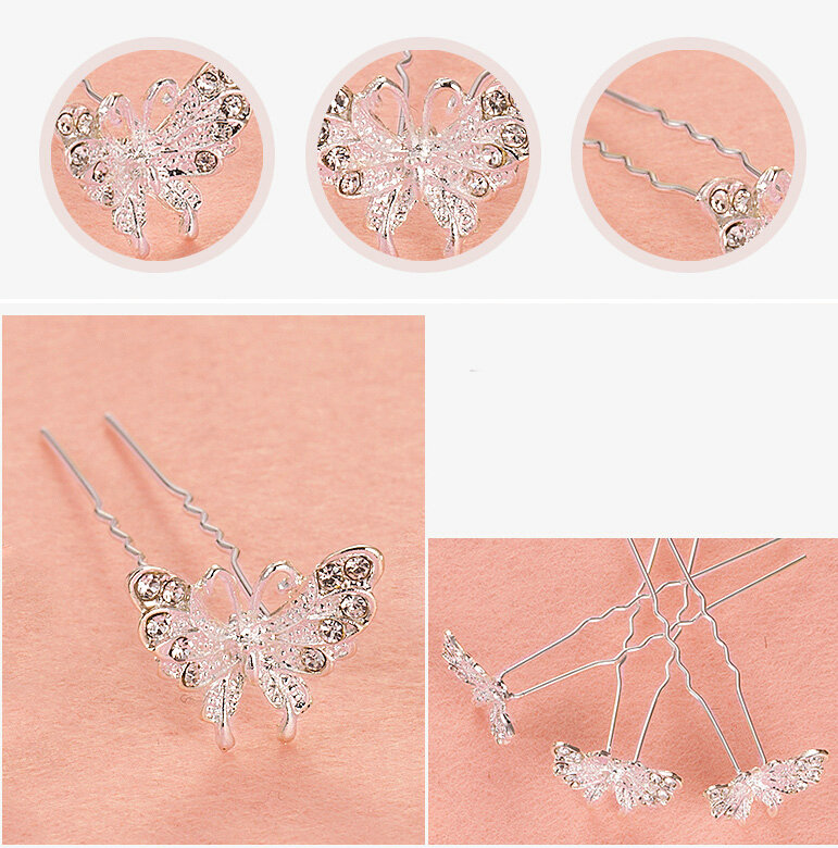 2 pcs Crystal Alloy Butterfly Bride U-shaped Hairpins Women Wedding Hair Clip - Sliver