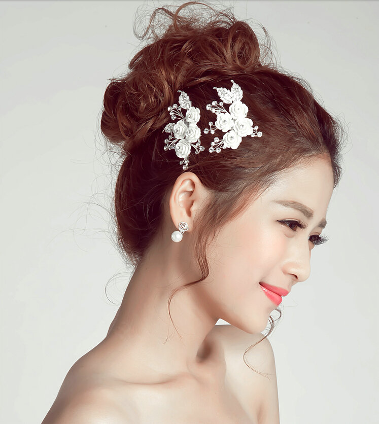 2pcs Crystal Beaded Flower Bride Hair Barrettes Clip Women Wedding Accessories - White