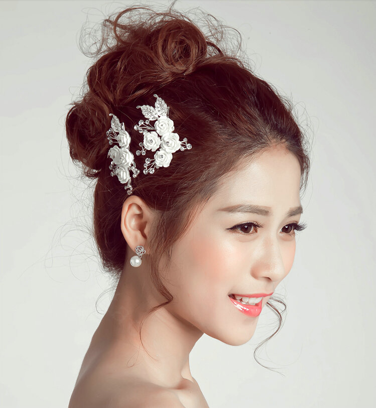 2pcs Crystal Beaded Flower Bride Hair Barrettes Clip Women Wedding Accessories - White