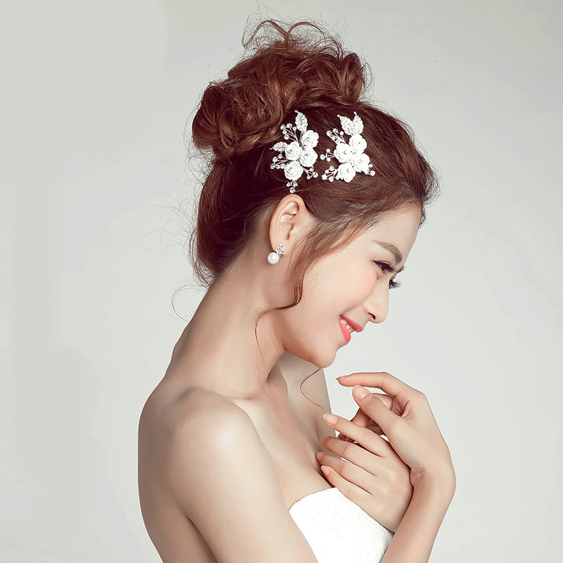 2pcs Crystal Beaded Flower Bride Hair Barrettes Clip Women Wedding Accessories - White
