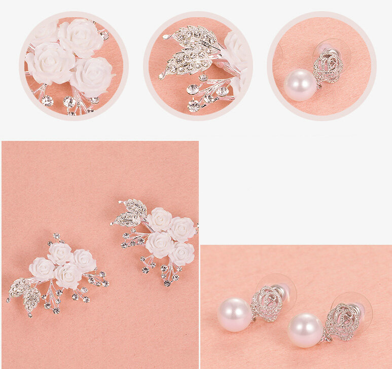 2pcs Crystal Beaded Flower Bride Hair Barrettes Clip Women Wedding Accessories - White