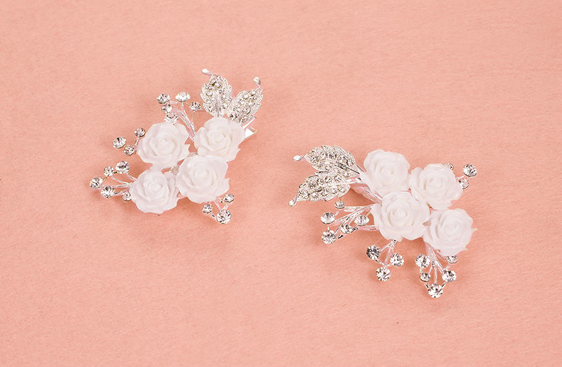 2pcs Crystal Beaded Flower Bride Hair Barrettes Clip Women Wedding Accessories - White