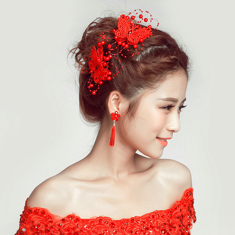 2pcs Pearl Beaded Lace Butterfly Bride Hair Barrettes Clip Women Wedding Accessories - Red