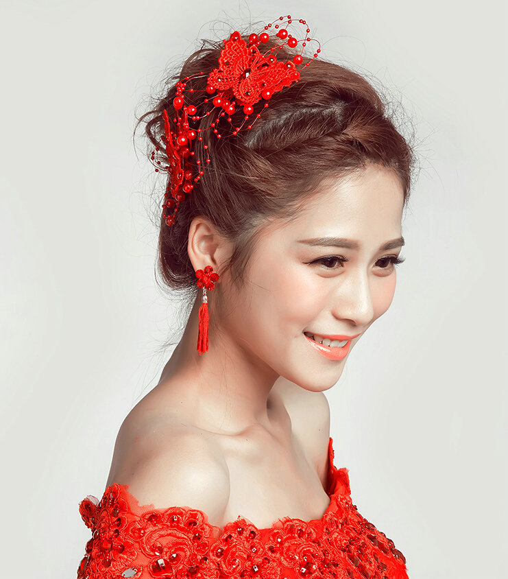 2pcs Pearl Beaded Lace Butterfly Bride Hair Barrettes Clip Women Wedding Accessories - Red