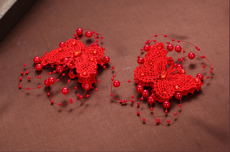 2pcs Pearl Beaded Lace Butterfly Bride Hair Barrettes Clip Women Wedding Accessories - Red