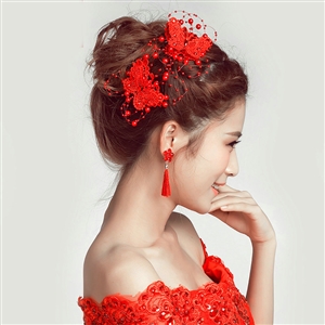2pcs Pearl Beaded Lace Butterfly Bride Hair Barrettes Clip Women Wedding Accessories - Red
