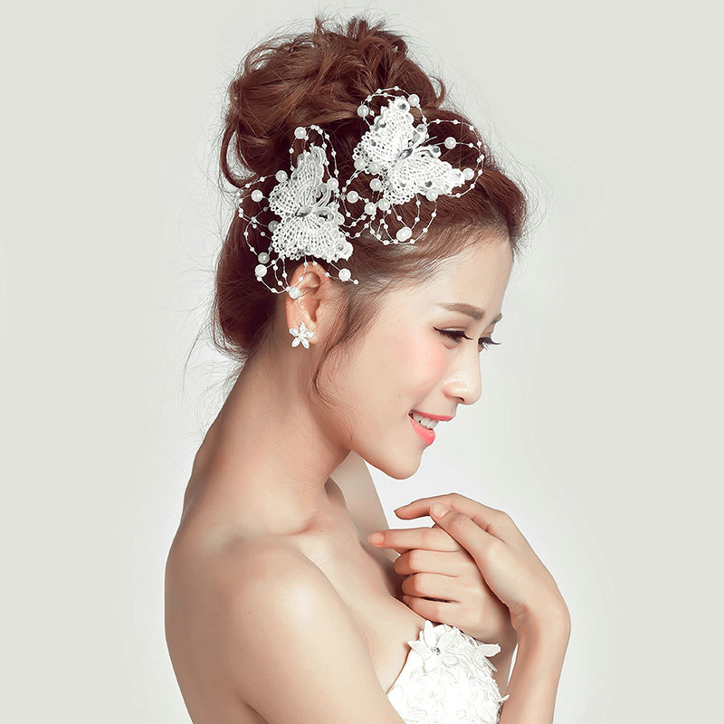 2pcs Pearl Beaded Lace Butterfly Bride Hair Barrettes Clip Women Wedding Accessories - White