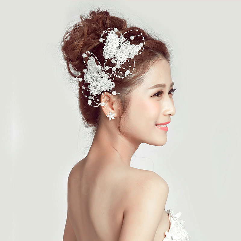 2pcs Pearl Beaded Lace Butterfly Bride Hair Barrettes Clip Women Wedding Accessories - White