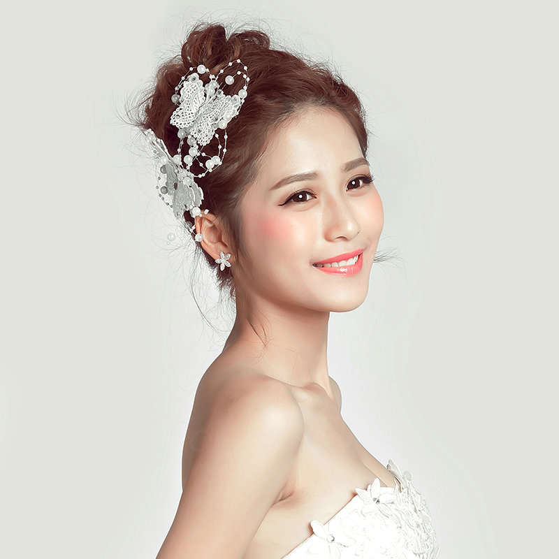 2pcs Pearl Beaded Lace Butterfly Bride Hair Barrettes Clip Women Wedding Accessories - White
