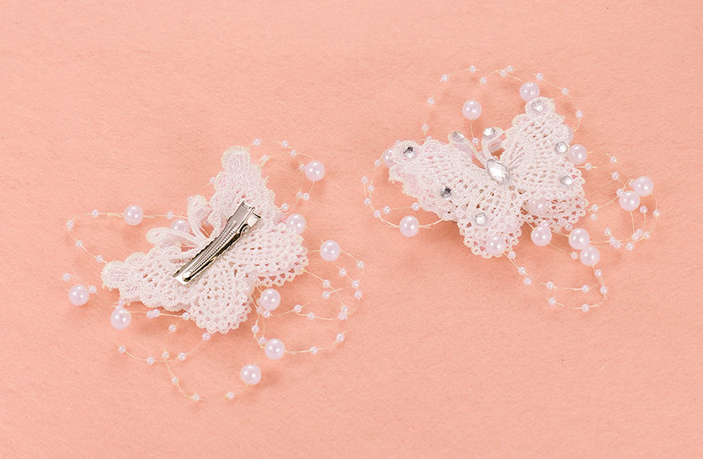 2pcs Pearl Beaded Lace Butterfly Bride Hair Barrettes Clip Women Wedding Accessories - White