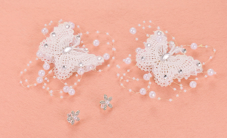 2pcs Pearl Beaded Lace Butterfly Bride Hair Barrettes Clip Women Wedding Accessories - White