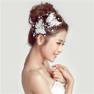2pcs Pearl Beaded Lace Butterfly Bride Hair Barrettes Clip Women Wedding Accessories - White