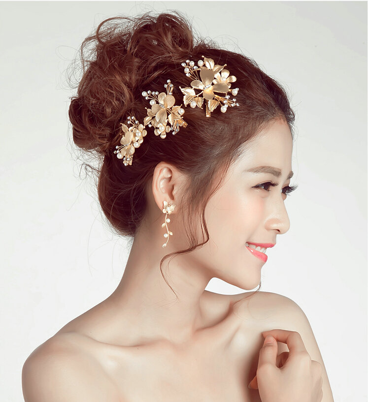 3pcs Pearl Beaded Leaves Flower Bride Hair Barrettes Clip Women Wedding Accessories - Gold