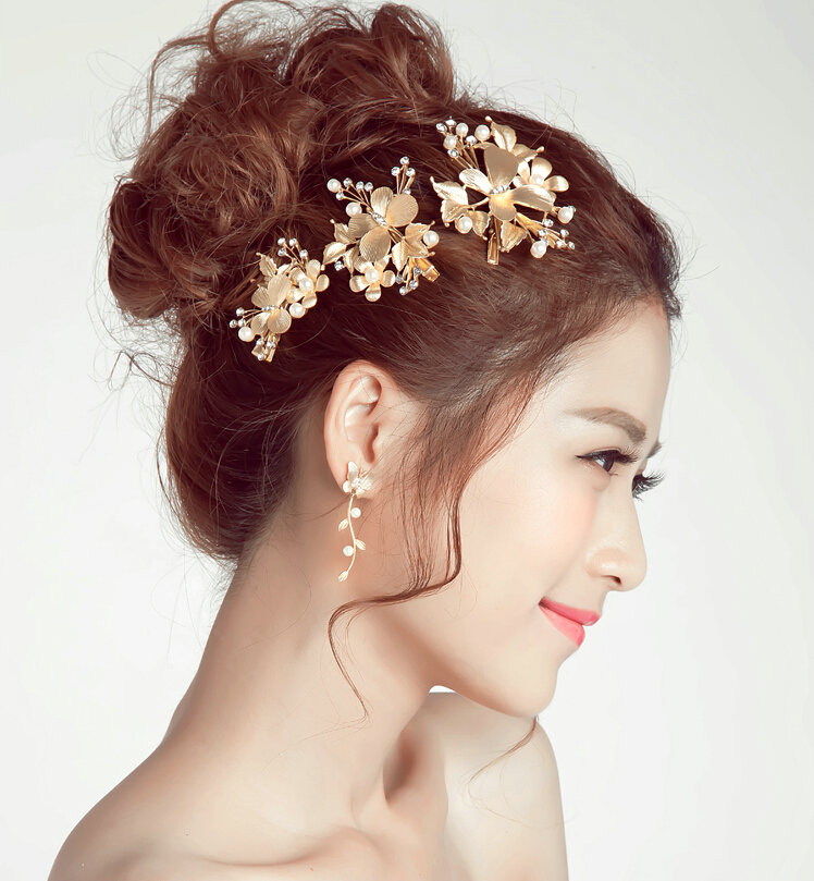 3pcs Pearl Beaded Leaves Flower Bride Hair Barrettes Clip Women Wedding Accessories - Gold