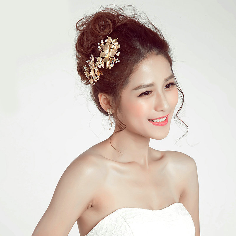 3pcs Pearl Beaded Leaves Flower Bride Hair Barrettes Clip Women Wedding Accessories - Gold