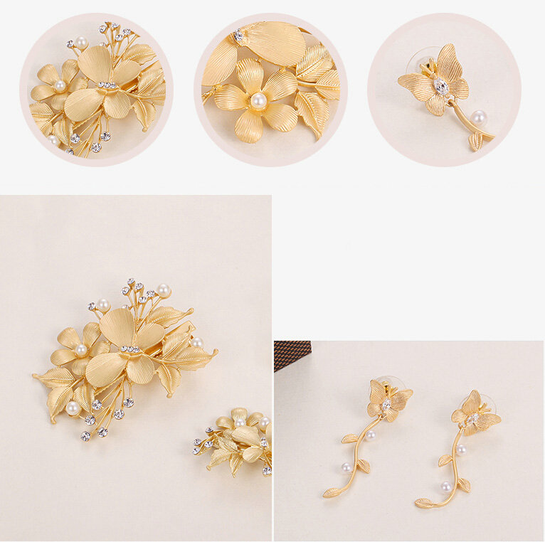3pcs Pearl Beaded Leaves Flower Bride Hair Barrettes Clip Women Wedding Accessories - Gold