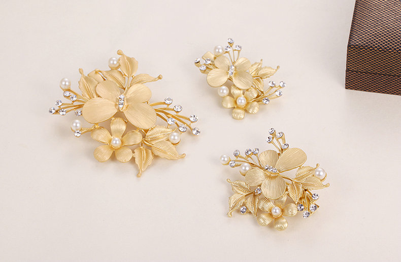 3pcs Pearl Beaded Leaves Flower Bride Hair Barrettes Clip Women Wedding Accessories - Gold