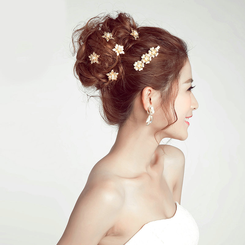 6 pcs Pearl Alloy Flower Bride U-shaped Hairpins Women Wedding Hair Clip - Gold
