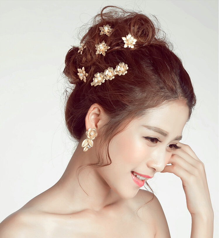 6 pcs Pearl Alloy Flower Bride U-shaped Hairpins Women Wedding Hair Clip - Gold