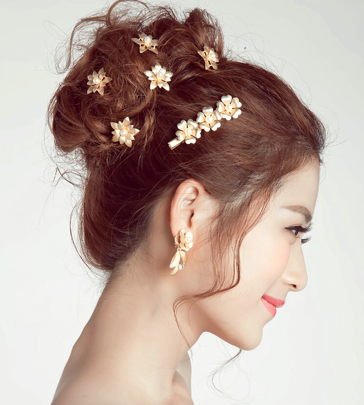 6 pcs Pearl Alloy Flower Bride U-shaped Hairpins Women Wedding Hair Clip - Gold