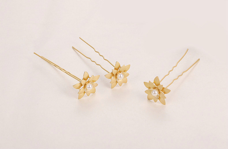 6 pcs Pearl Alloy Flower Bride U-shaped Hairpins Women Wedding Hair Clip - Gold
