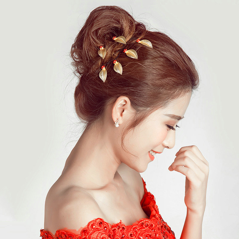 6pcs Rhinestone Alloy Leaves Bride U-shaped Hairpins Women Wedding Hair Clip - Gold