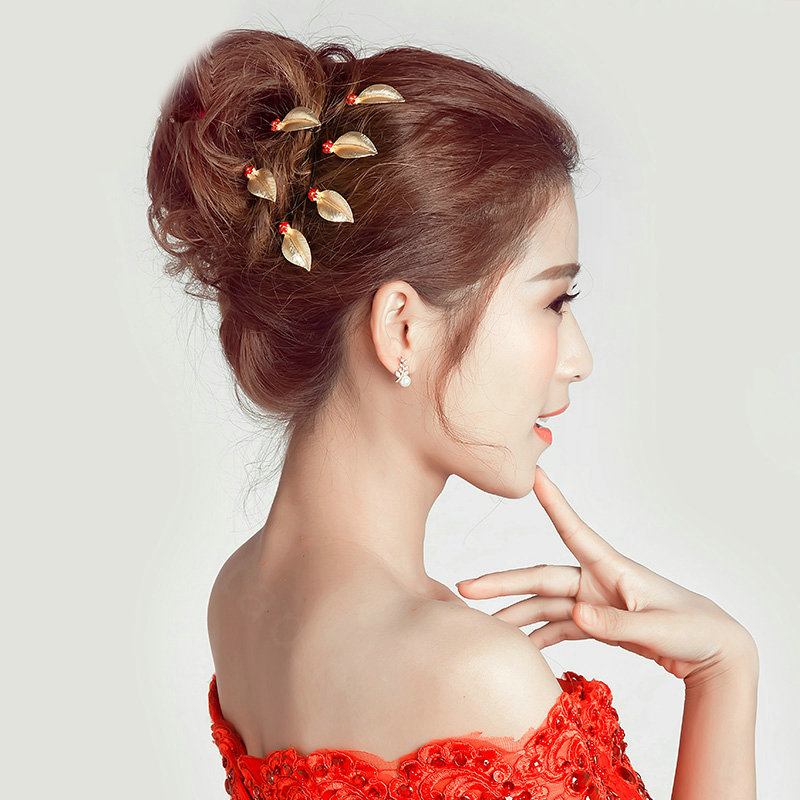6pcs Rhinestone Alloy Leaves Bride U-shaped Hairpins Women Wedding Hair Clip - Gold