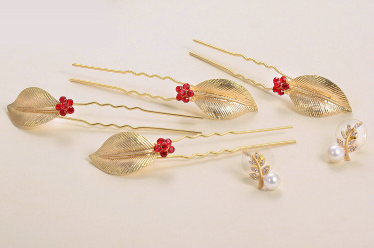 6pcs Rhinestone Alloy Leaves Bride U-shaped Hairpins Women Wedding Hair Clip - Gold