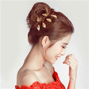 6pcs Rhinestone Alloy Leaves Bride U-shaped Hairpins Women Wedding Hair Clip - Gold